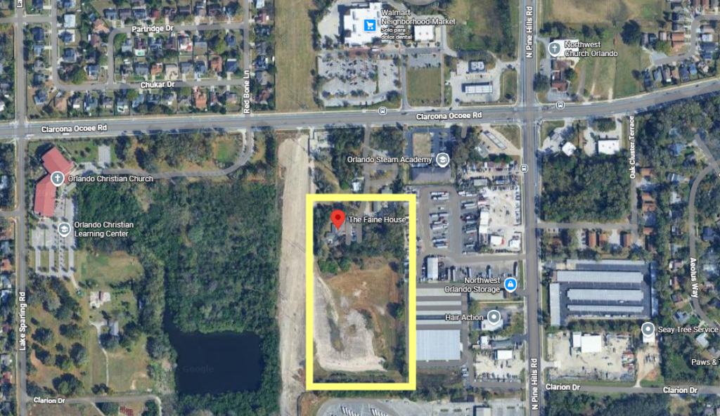 an aerial map of The Faine House and surrounding areas with a rectangle around the expanded area